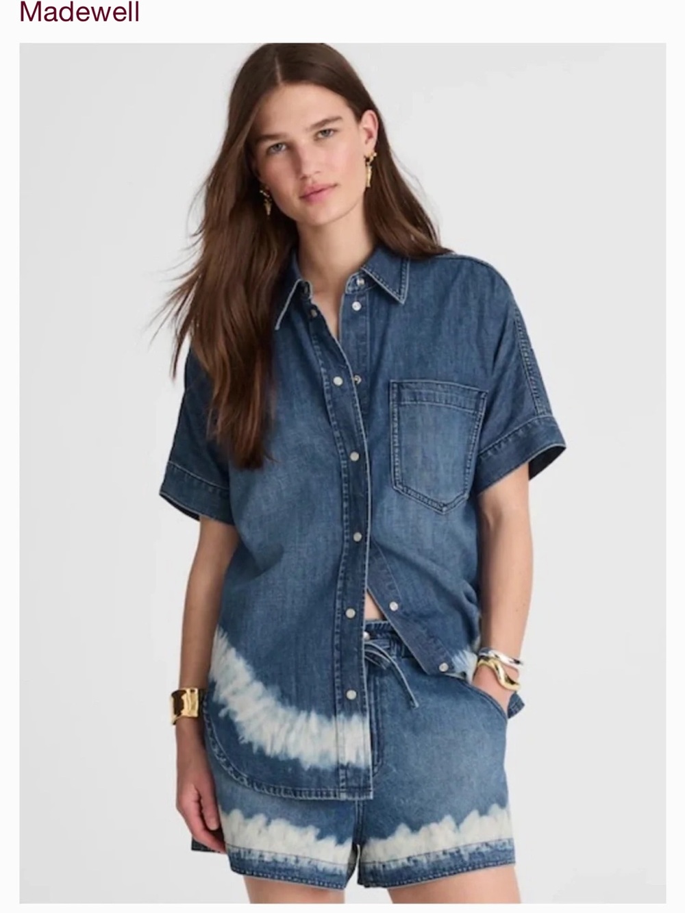 NWT Madewell Denim Short-Sleeve Shirt With Snap Closure White Tie-Dye At Hem-XS